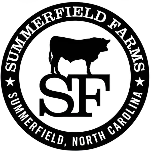 Summerfield Farms logo with a bull silhouette above "SF" initials, encircled by farm name and location.