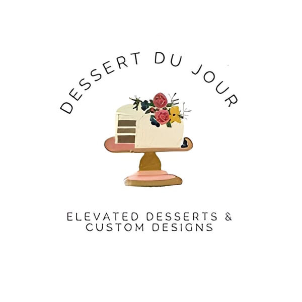 Dessert Du Jour logo featuring a slice of cake with floral decorations on a stand.